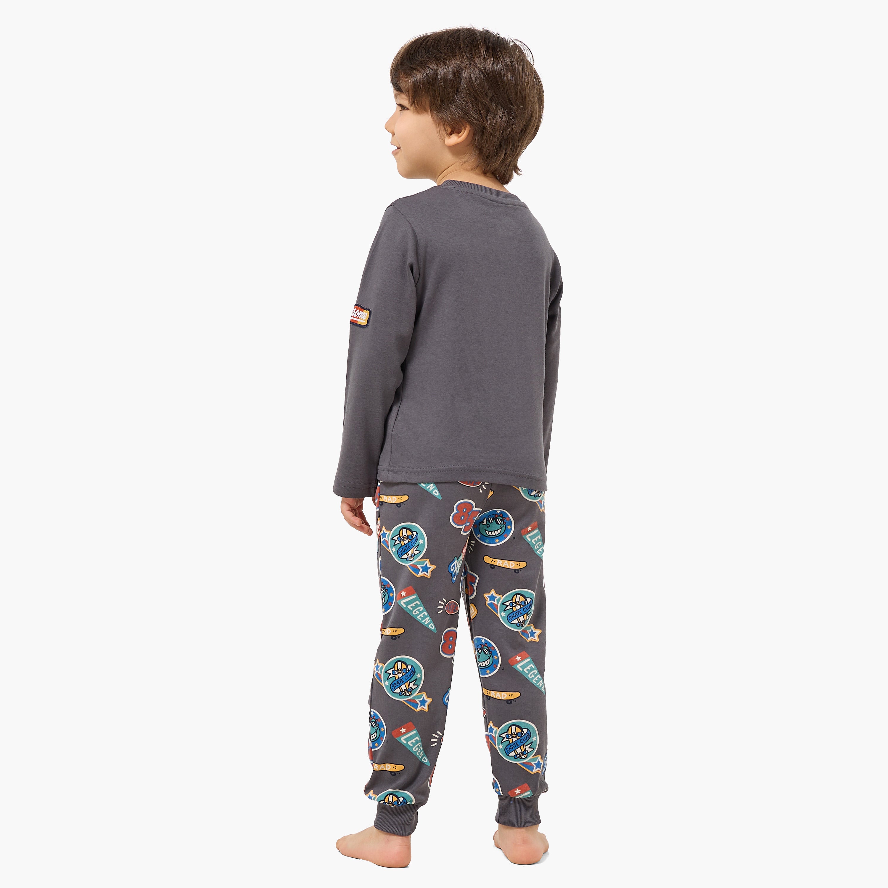 Juniors Cotton Crew Neck Long Sleeves Pyjama Set with Bear Print