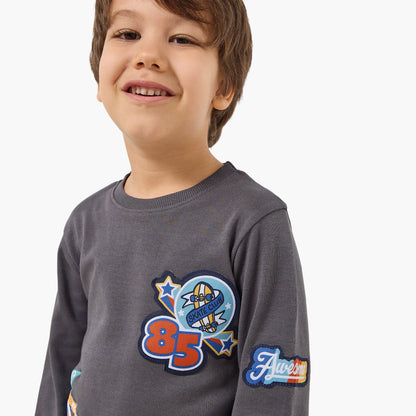 Juniors Cotton Crew Neck Long Sleeves Pyjama Set with Bear Print