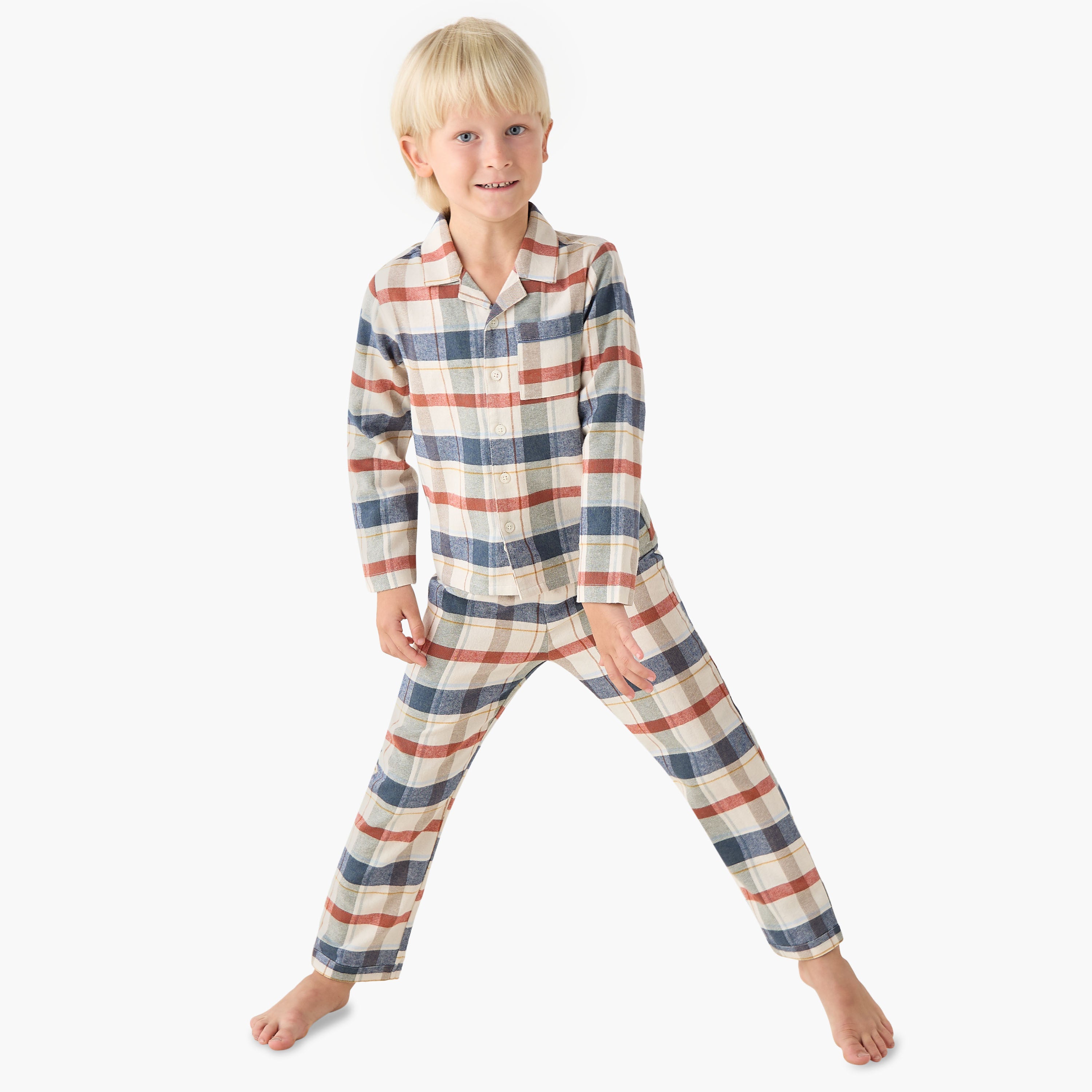 Juniors Cotton Camp Collar Long Sleeves Pyjama Set with Checked Design - Multicolour / 2-3 yrs