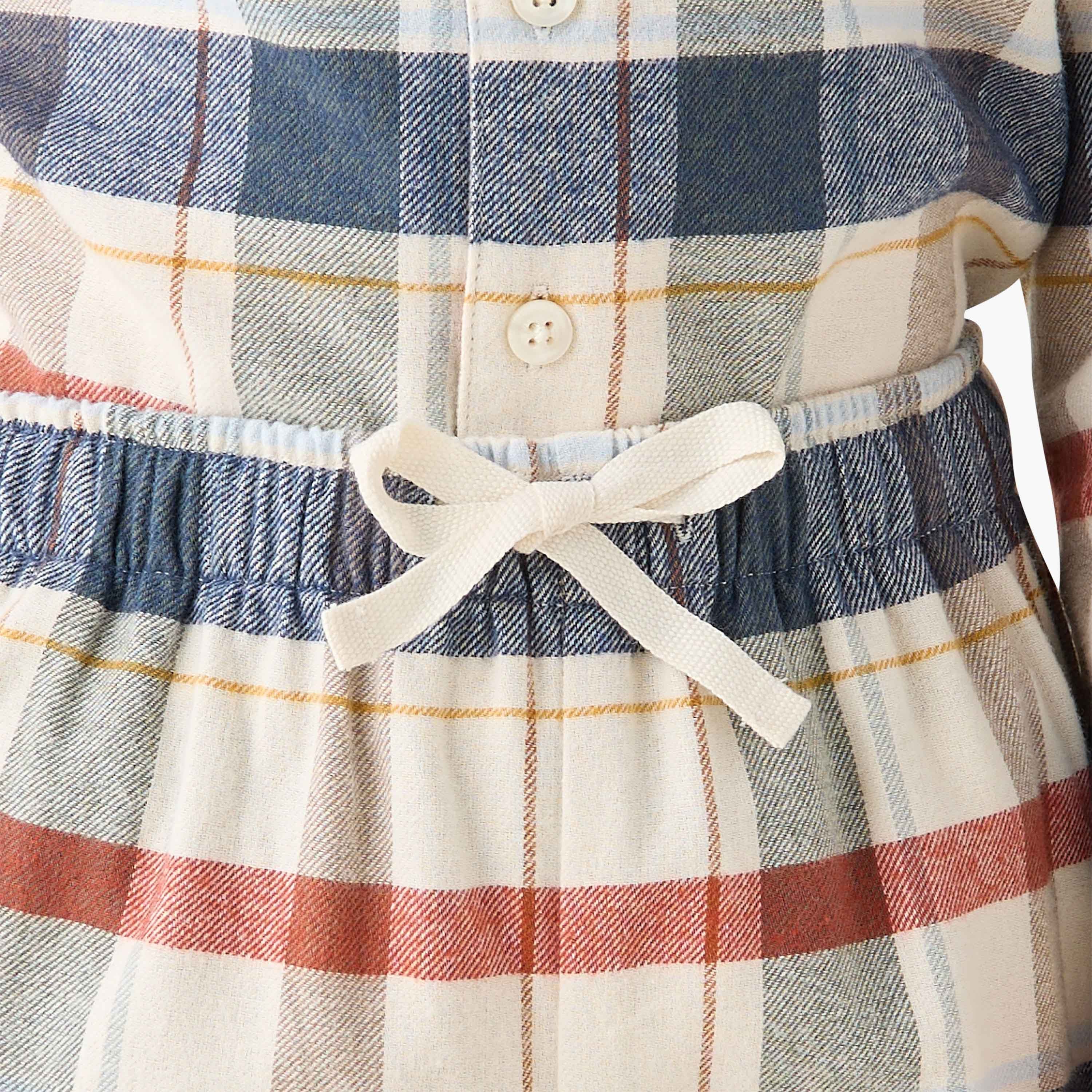 Juniors Cotton Camp Collar Long Sleeves Pyjama Set with Checked Design