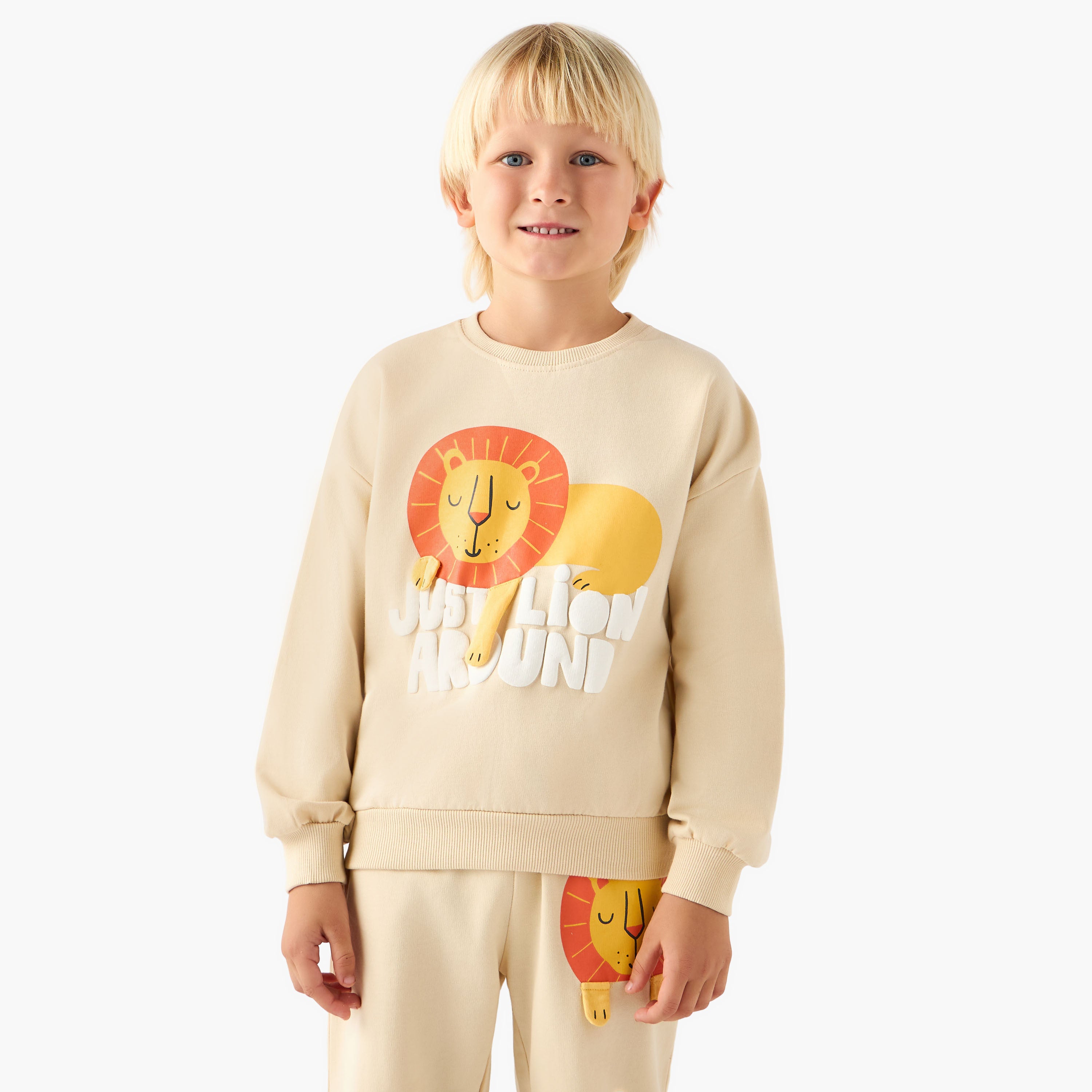 Juniors Crew Neck Long Sleeves Pyjama Set with Lion Applique