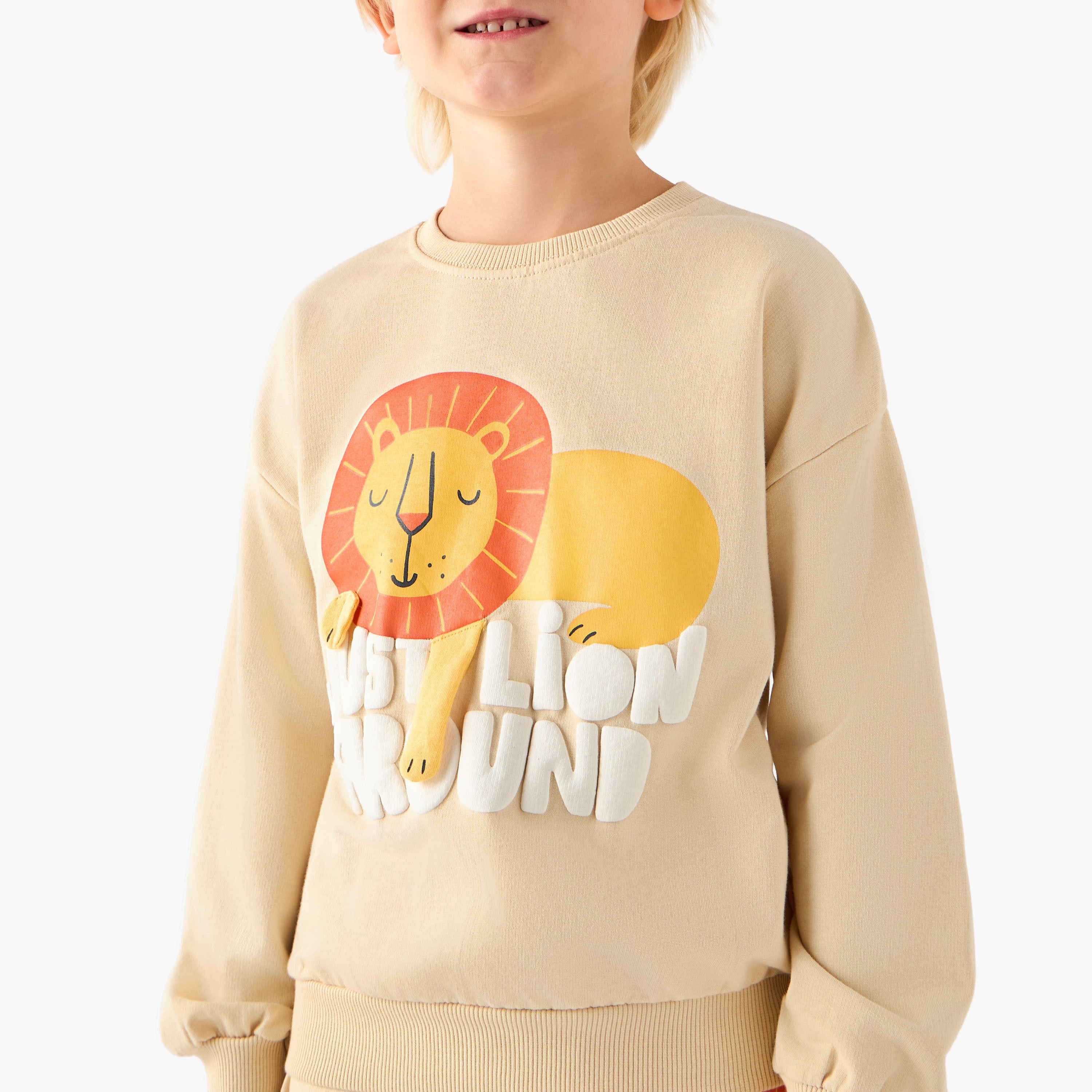 Juniors Crew Neck Long Sleeves Pyjama Set with Lion Applique
