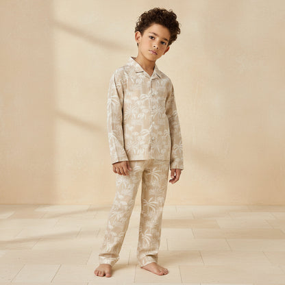 Juniors Collared Long Sleeves Pyjama Set with Palm Tree Print - Beige / 2-3 yrs
