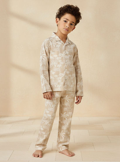 Juniors Collared Long Sleeves Pyjama Set with Palm Tree Print-boys-clothing-nightwear-image-1