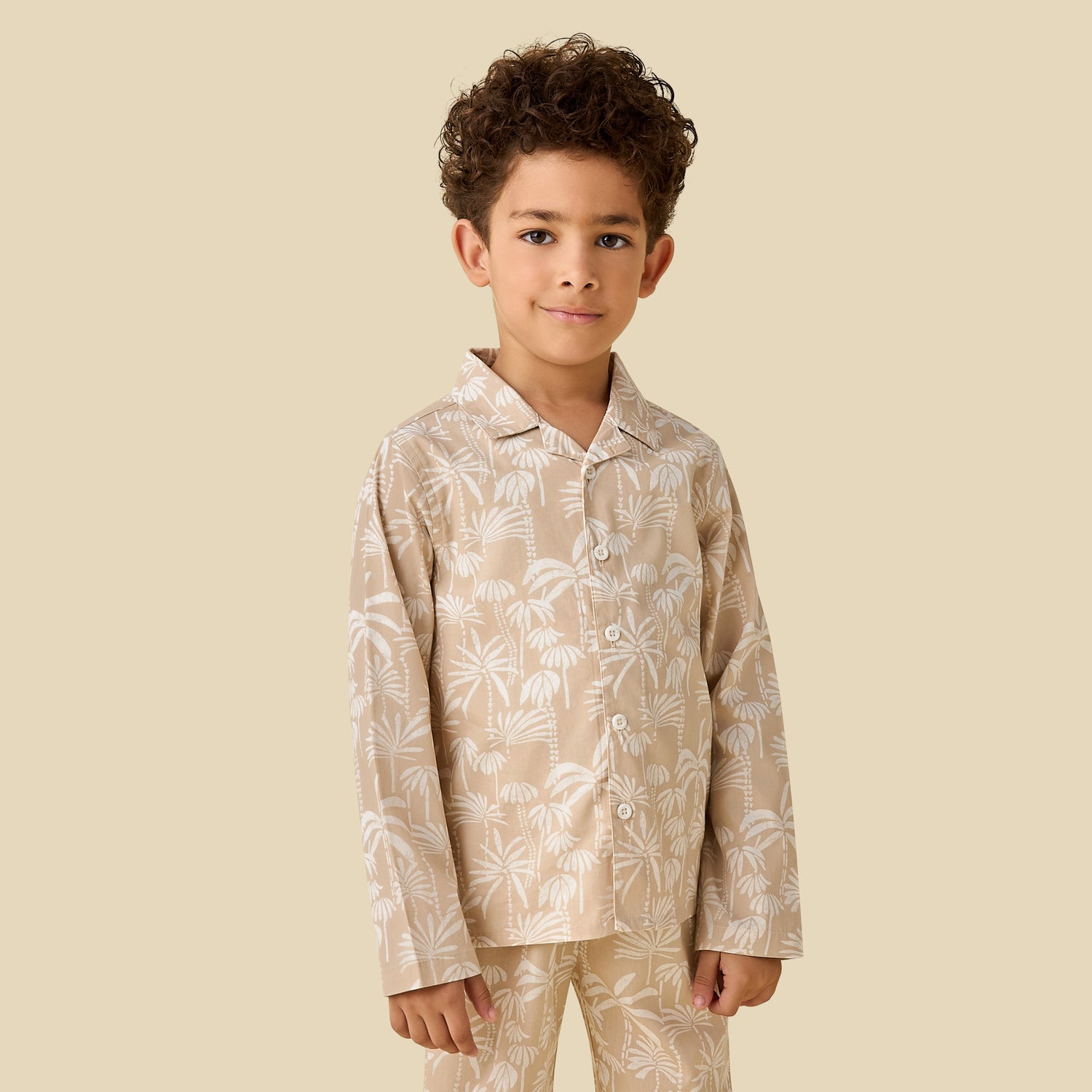 Juniors Collared Long Sleeves Pyjama Set with Palm Tree Print