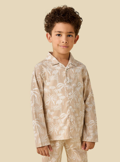 Juniors Collared Long Sleeves Pyjama Set with Palm Tree Print-boys-clothing-nightwear-image-2