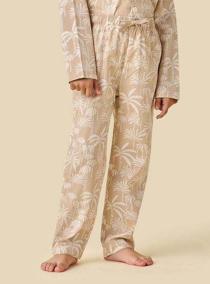 Juniors Collared Long Sleeves Pyjama Set with Palm Tree Print-boys-clothing-nightwear-image-3
