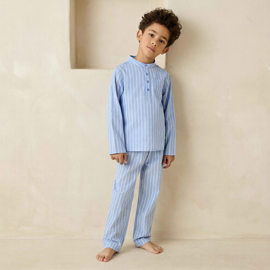 Juniors Cotton Mandarin Collar Long Sleeve Pyjama Set with Stripes