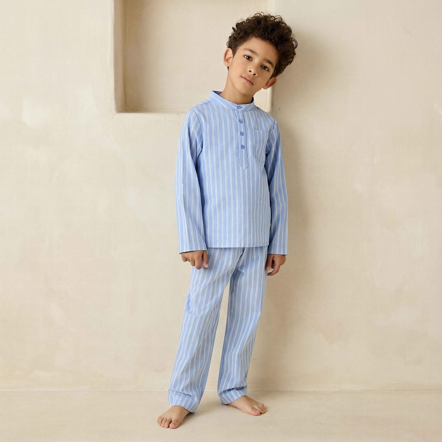 Juniors Cotton Mandarin Collar Long Sleeve Pyjama Set with Stripes