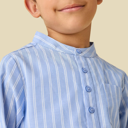 Juniors Cotton Mandarin Collar Long Sleeve Pyjama Set with Stripes