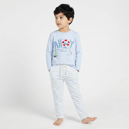 Juniors Cotton Crew Neck Long Sleeve Pyjama Set with Nautical Print - Blue / 2-3 yrs