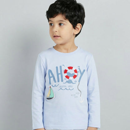 Juniors Cotton Crew Neck Long Sleeve Pyjama Set with Nautical Print