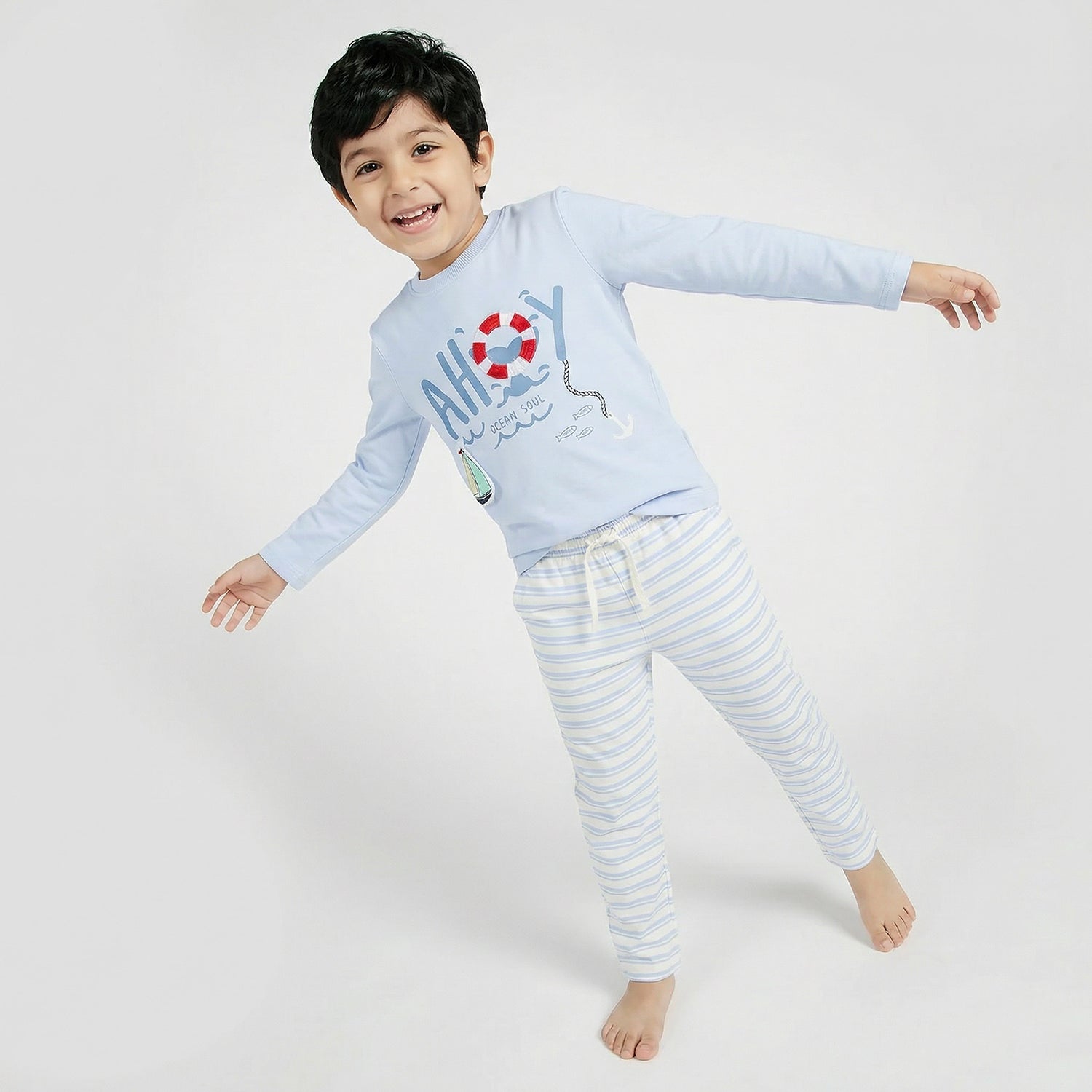 Juniors Cotton Crew Neck Long Sleeve Pyjama Set with Nautical Print