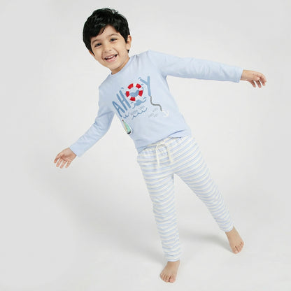 Juniors Cotton Crew Neck Long Sleeve Pyjama Set with Nautical Print