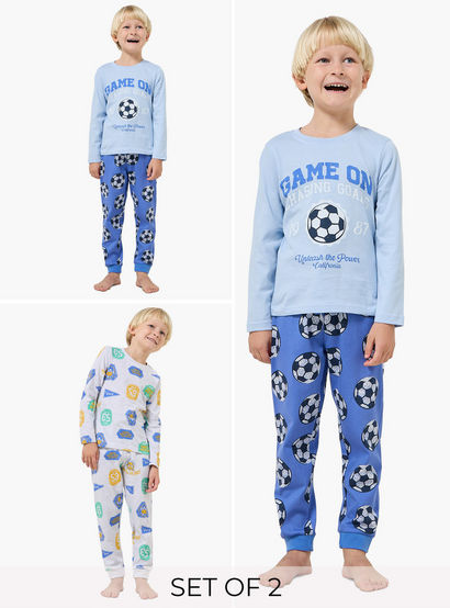 Pack of 2 Juniors Cotton Crew Neck Long Sleeves Pyjama Set with Varsity Print-boys-clothing-setsandcoords-image-1