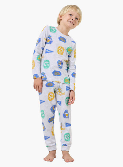 Pack of 2 Juniors Cotton Crew Neck Long Sleeves Pyjama Set with Varsity Print-boys-clothing-setsandcoords-image-2