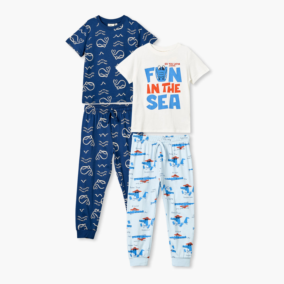 Pack of 2 Juniors Cotton Crew Neck Short Sleeves Pyjama Set with Aquatic Print