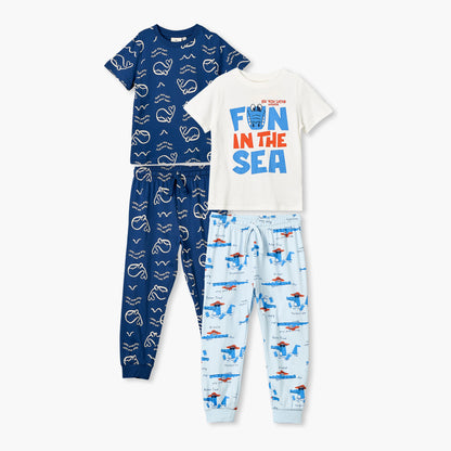 Pack of 2 Juniors Cotton Crew Neck Short Sleeves Pyjama Set with Aquatic Print