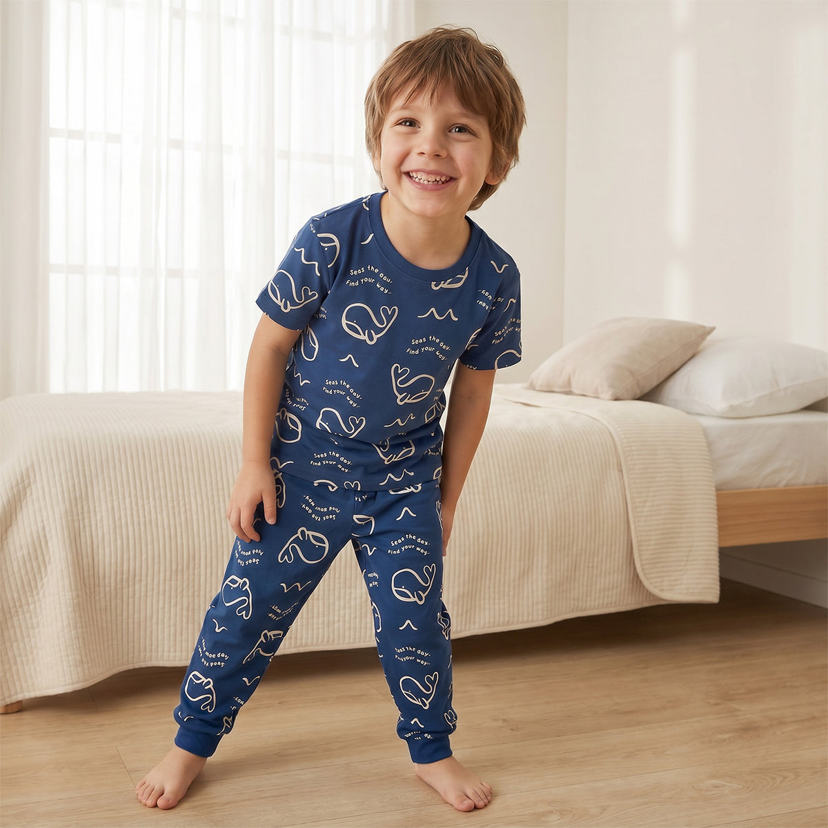 Pack of 2 Juniors Cotton Crew Neck Short Sleeves Pyjama Set with Aquatic Print