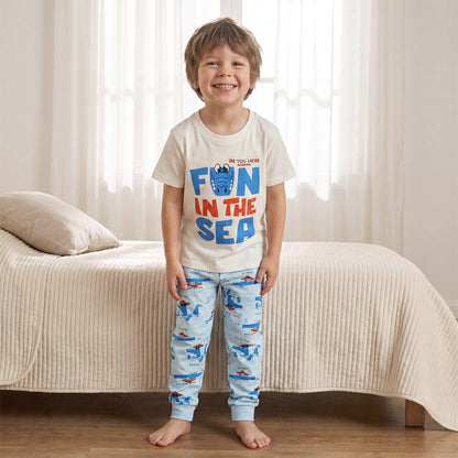 Pack of 2 Juniors Cotton Crew Neck Short Sleeves Pyjama Set with Aquatic Print