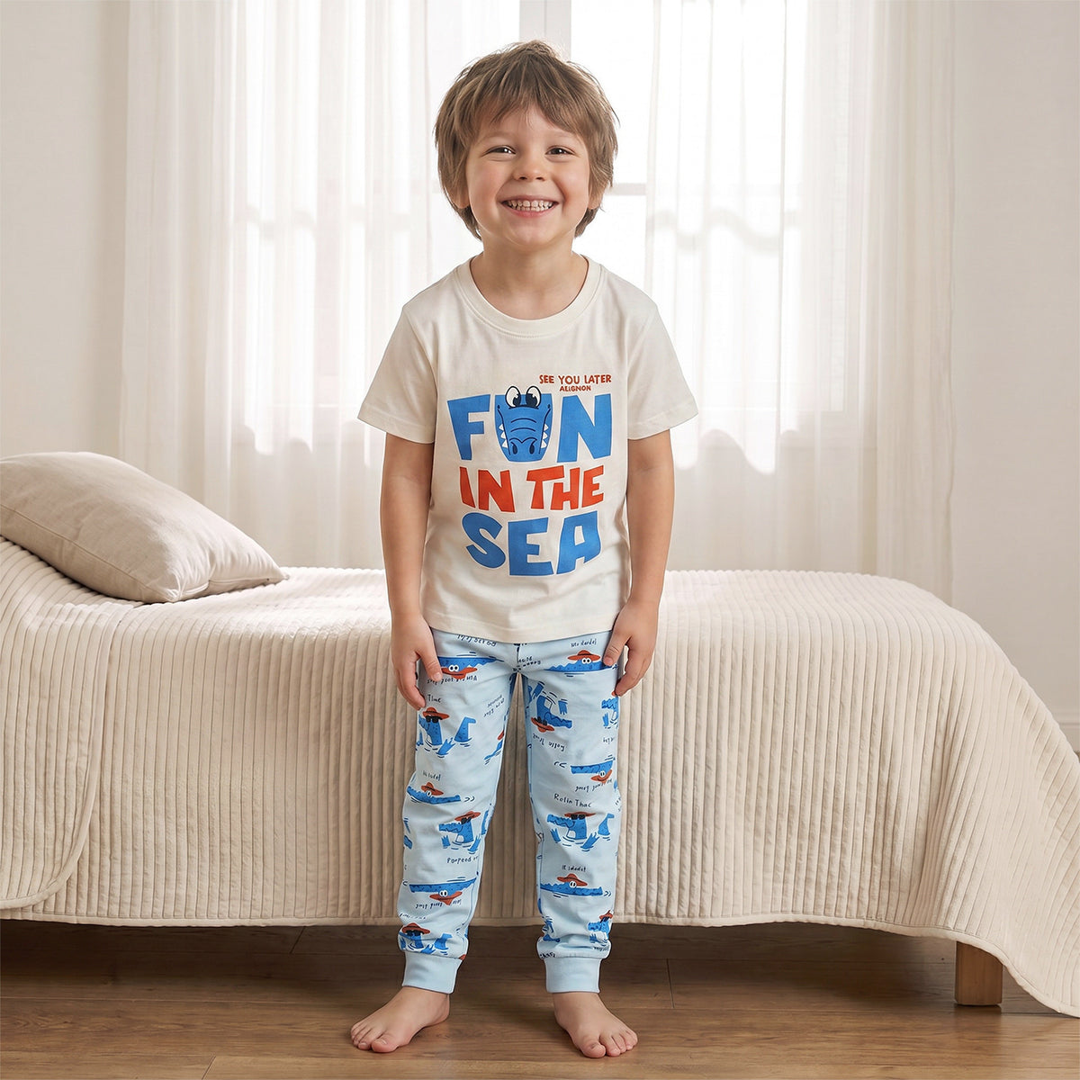 Pack of 2 Juniors Cotton Crew Neck Short Sleeves Pyjama Set with Aquatic Print