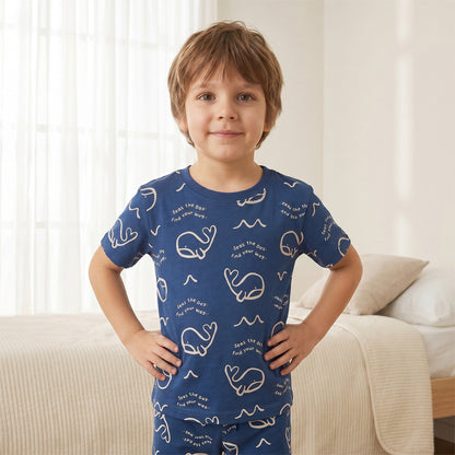 Pack of 2 Juniors Cotton Crew Neck Short Sleeves Pyjama Set with Aquatic Print