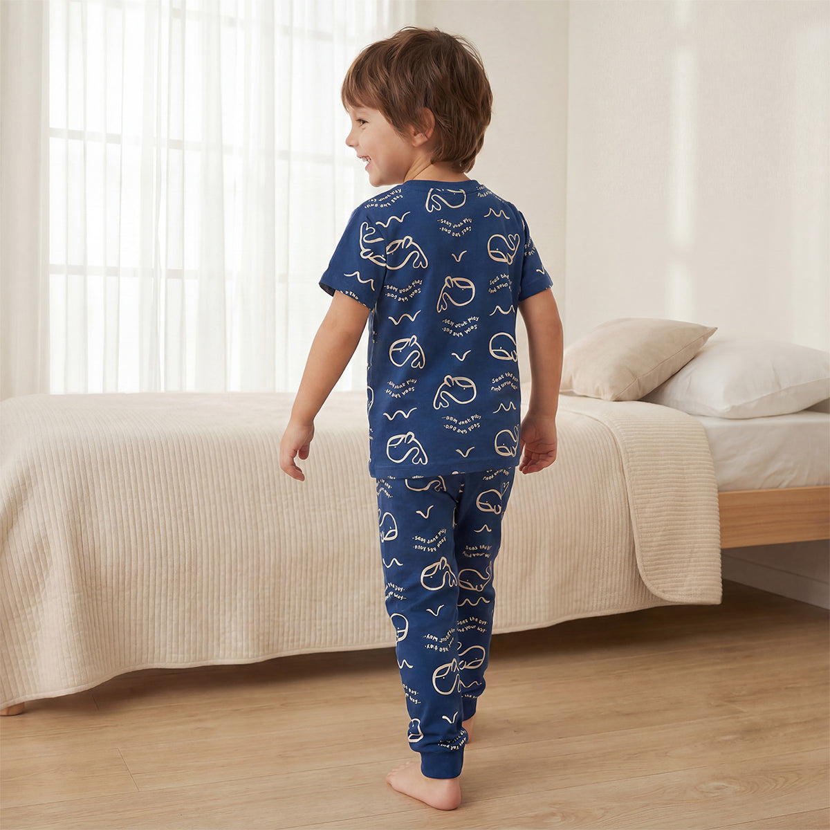 Pack of 2 Juniors Cotton Crew Neck Short Sleeves Pyjama Set with Aquatic Print