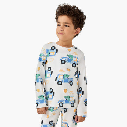 Juniors Cotton Round Neck Long Sleeve Pyjama Set with Wild Animal Print