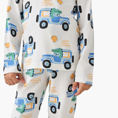 Juniors Cotton Round Neck Long Sleeve Pyjama Set with Wild Animal Print