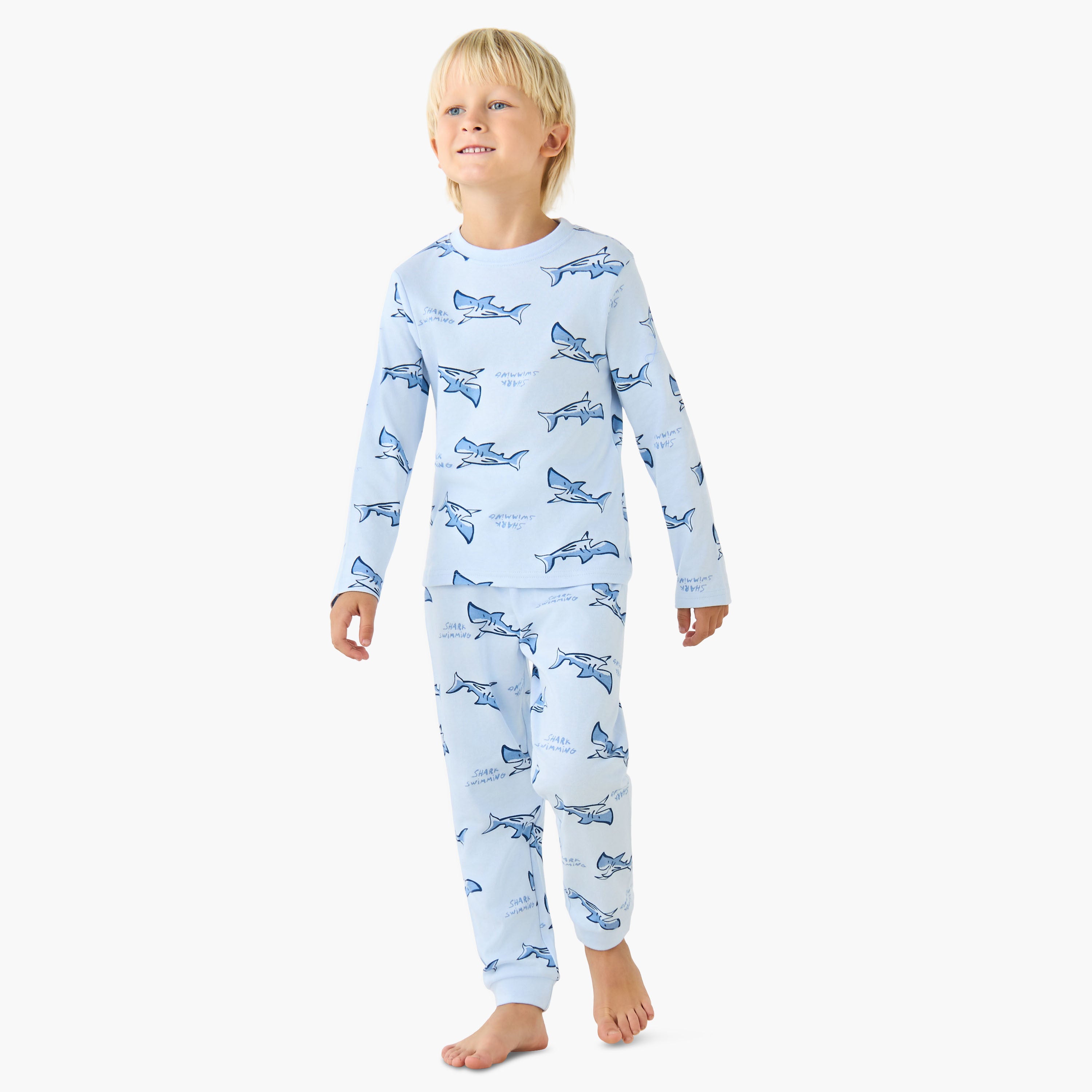 Juniors Cotton Crew Neck Long Sleeves Pyjama Set with Wild Animal Print