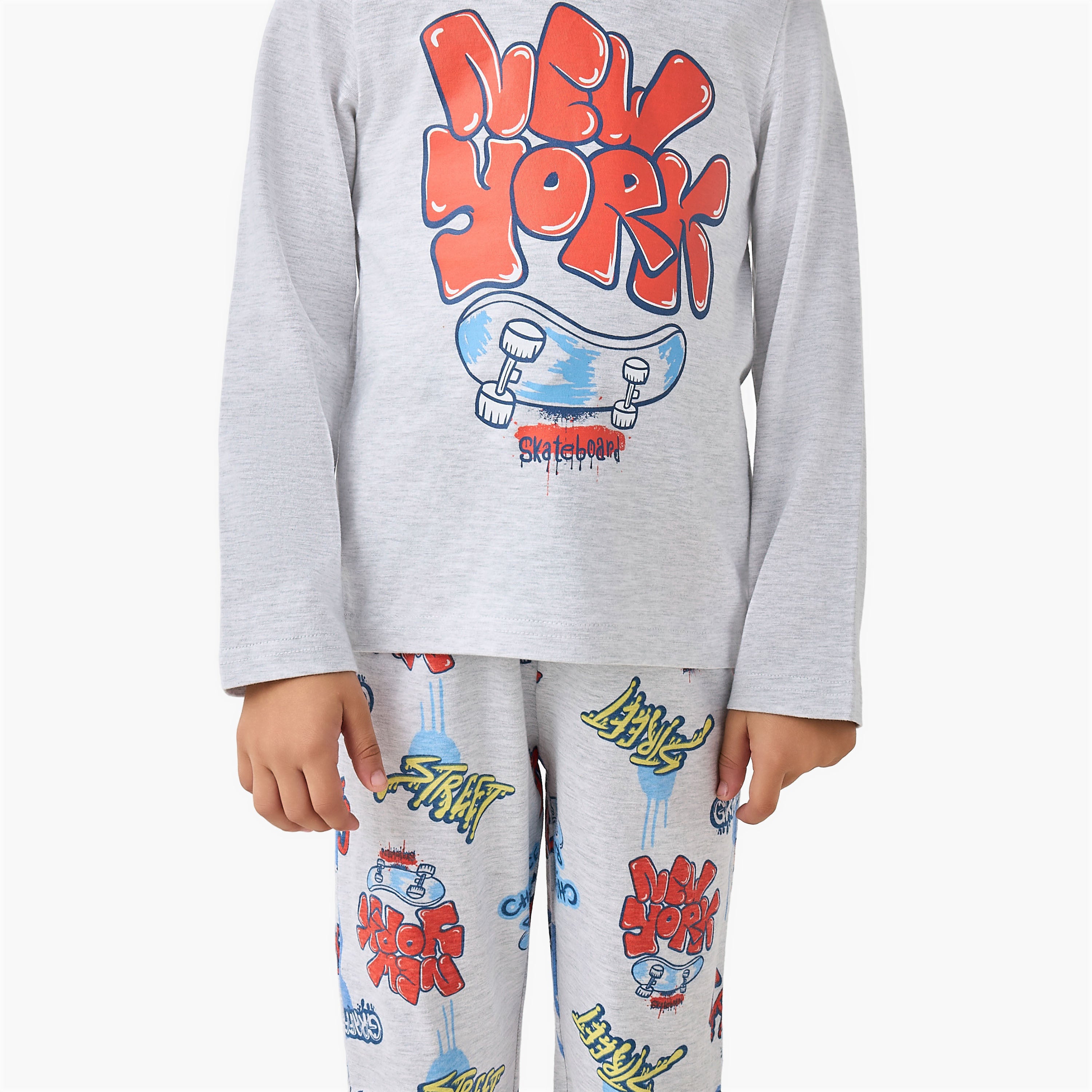 Juniors Cotton Round Neck Long Sleeves Pyjama Set with Graphic Print