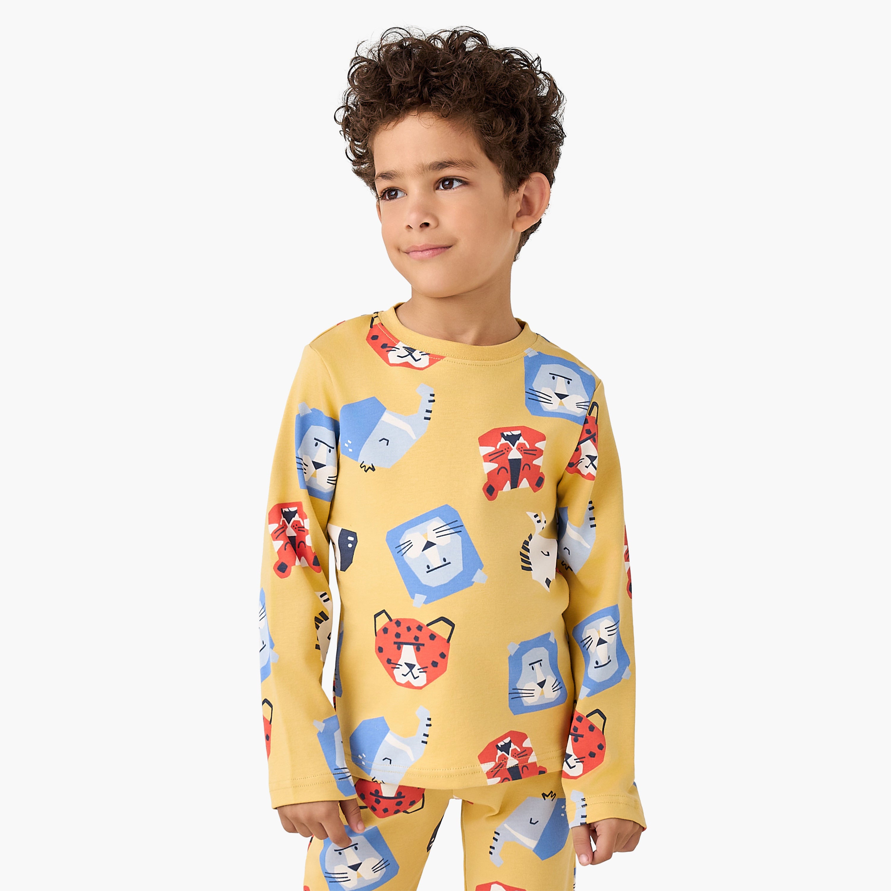 Juniors Cotton Round Neck Long Sleeve Pyjama Set with Wild Animal Print