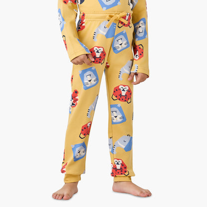 Juniors Cotton Round Neck Long Sleeve Pyjama Set with Wild Animal Print