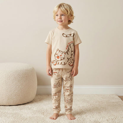 Juniors Cotton Crew Neck Short Sleeves Pyjama Set with Tiger Print - Yellow / 2-3 yrs