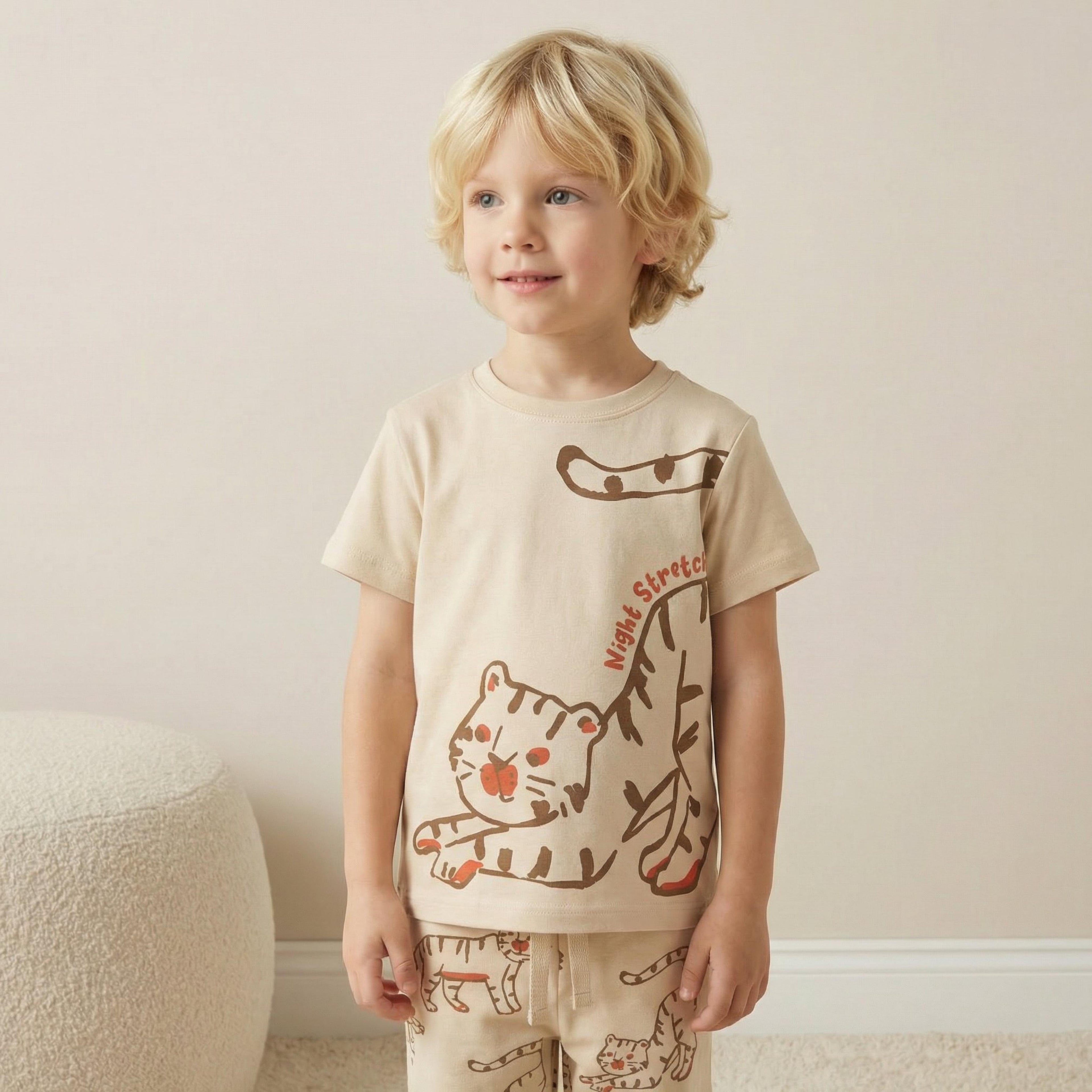 Juniors Cotton Crew Neck Short Sleeves Pyjama Set with Tiger Print