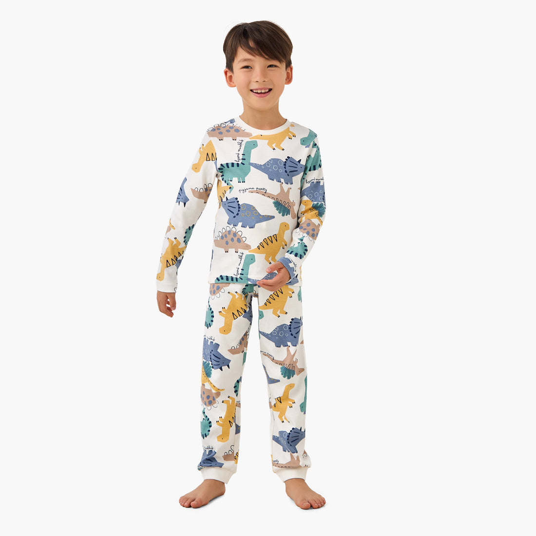 Juniors Cotton Crew Neck Long Sleeves Pyjama Set with Dinosaur Print - Multicolour / 6-7 yrs