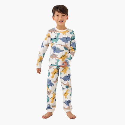 Juniors Cotton Crew Neck Long Sleeves Pyjama Set with Dinosaur Print - Multicolour / 6-7 yrs