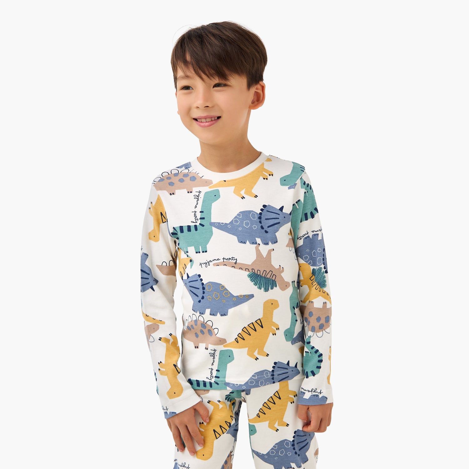 Juniors Cotton Crew Neck Long Sleeves Pyjama Set with Dinosaur Print