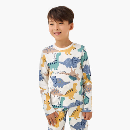 Juniors Cotton Crew Neck Long Sleeves Pyjama Set with Dinosaur Print