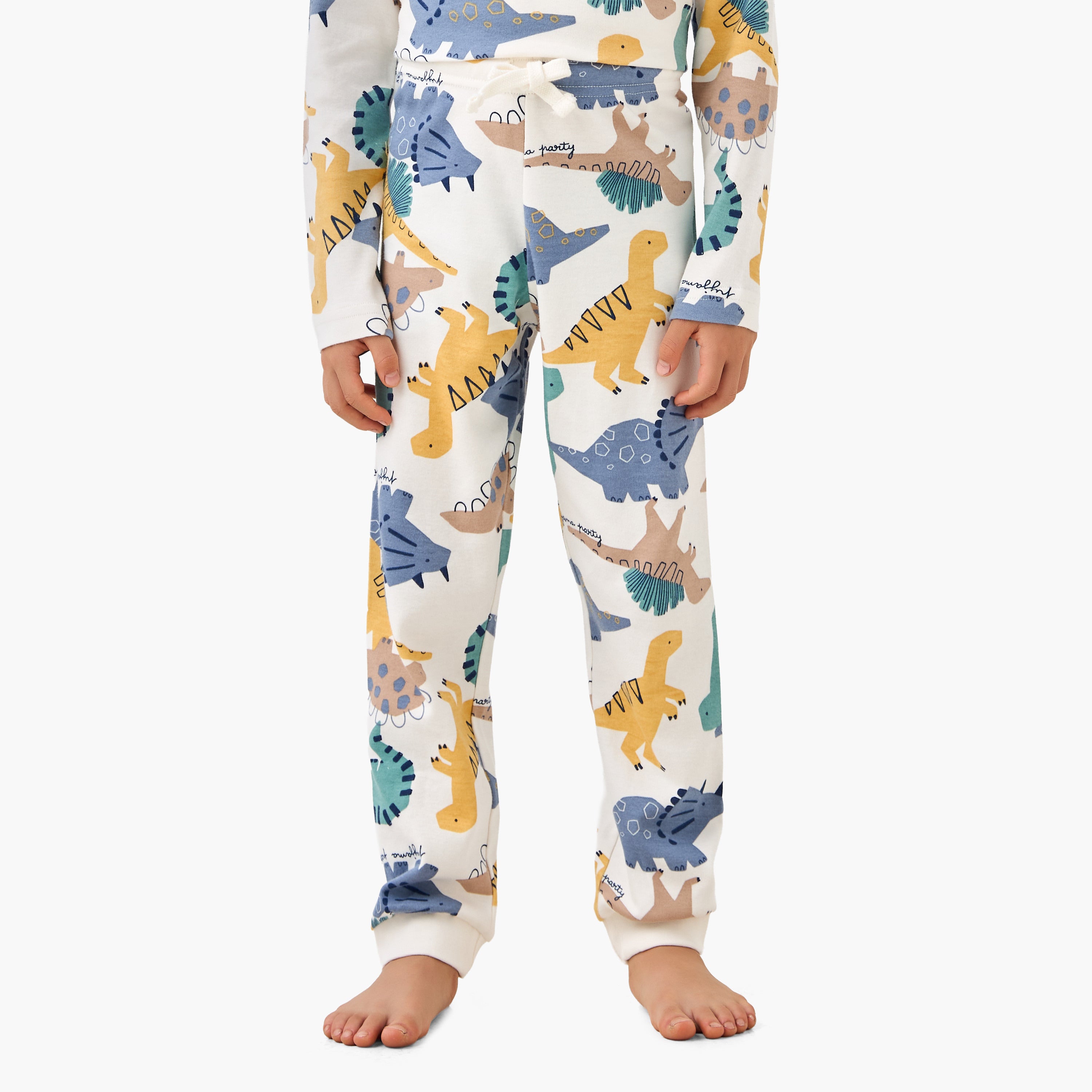 Juniors Cotton Crew Neck Long Sleeves Pyjama Set with Dinosaur Print