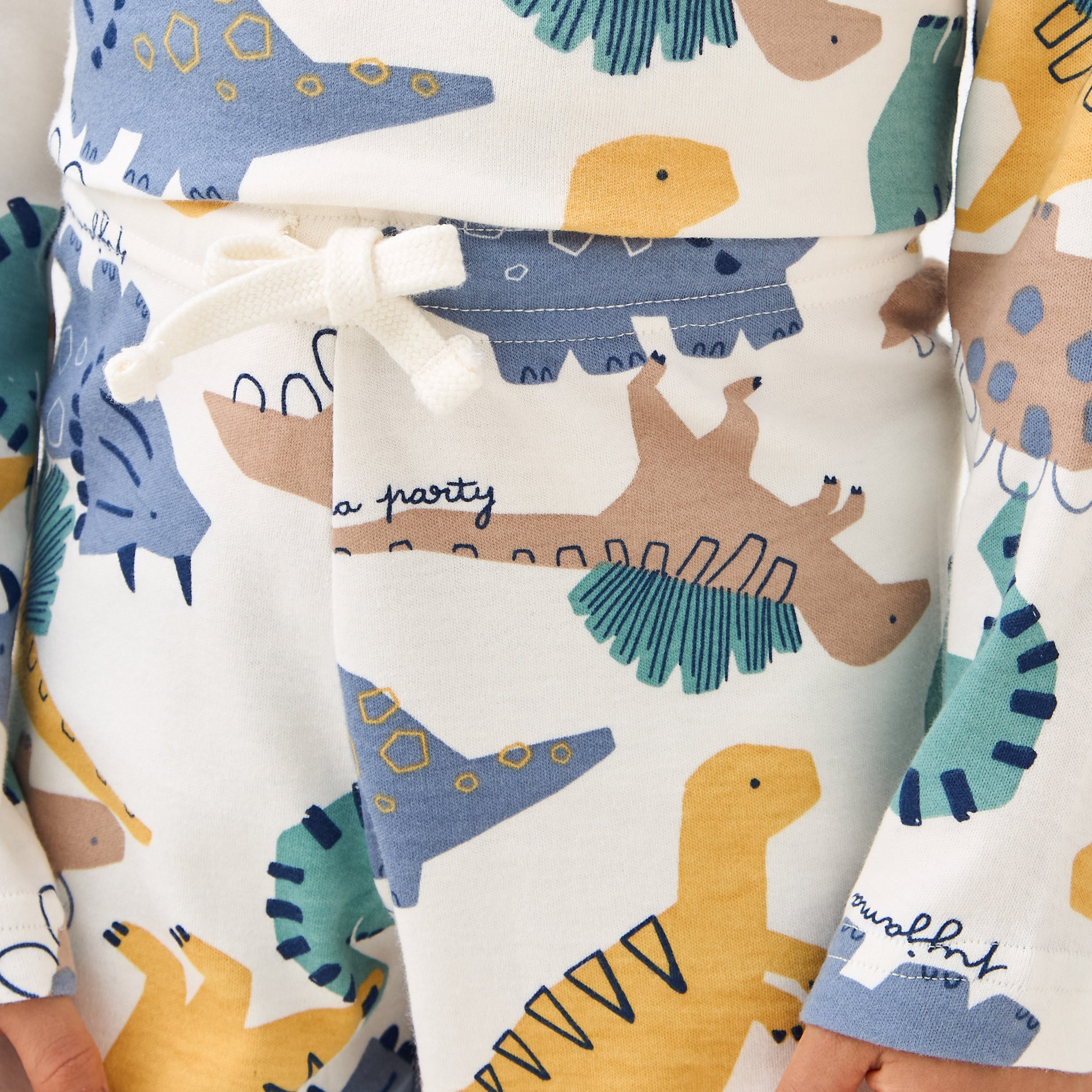 Juniors Cotton Crew Neck Long Sleeves Pyjama Set with Dinosaur Print