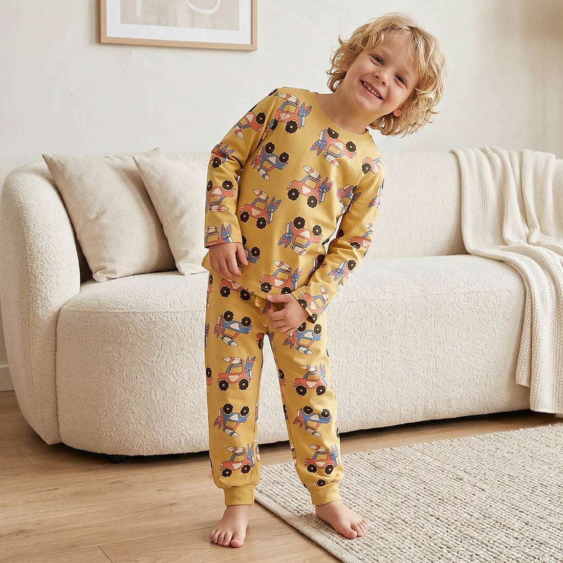 Juniors Cotton Round Neck Long Sleeves Pyjama Set with Vehicle Print - Yellow / 7-8 yrs