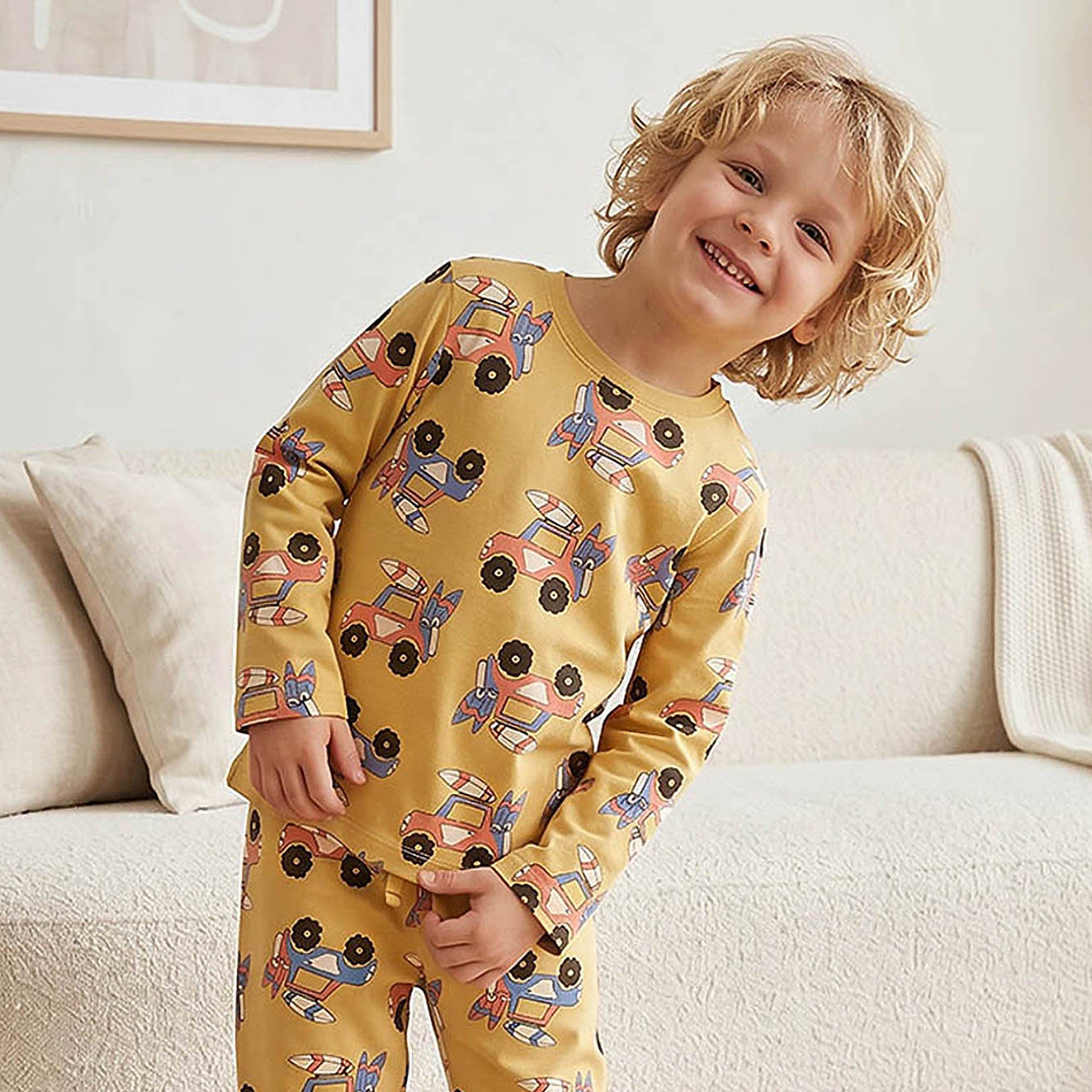 Juniors Cotton Round Neck Long Sleeves Pyjama Set with Vehicle Print