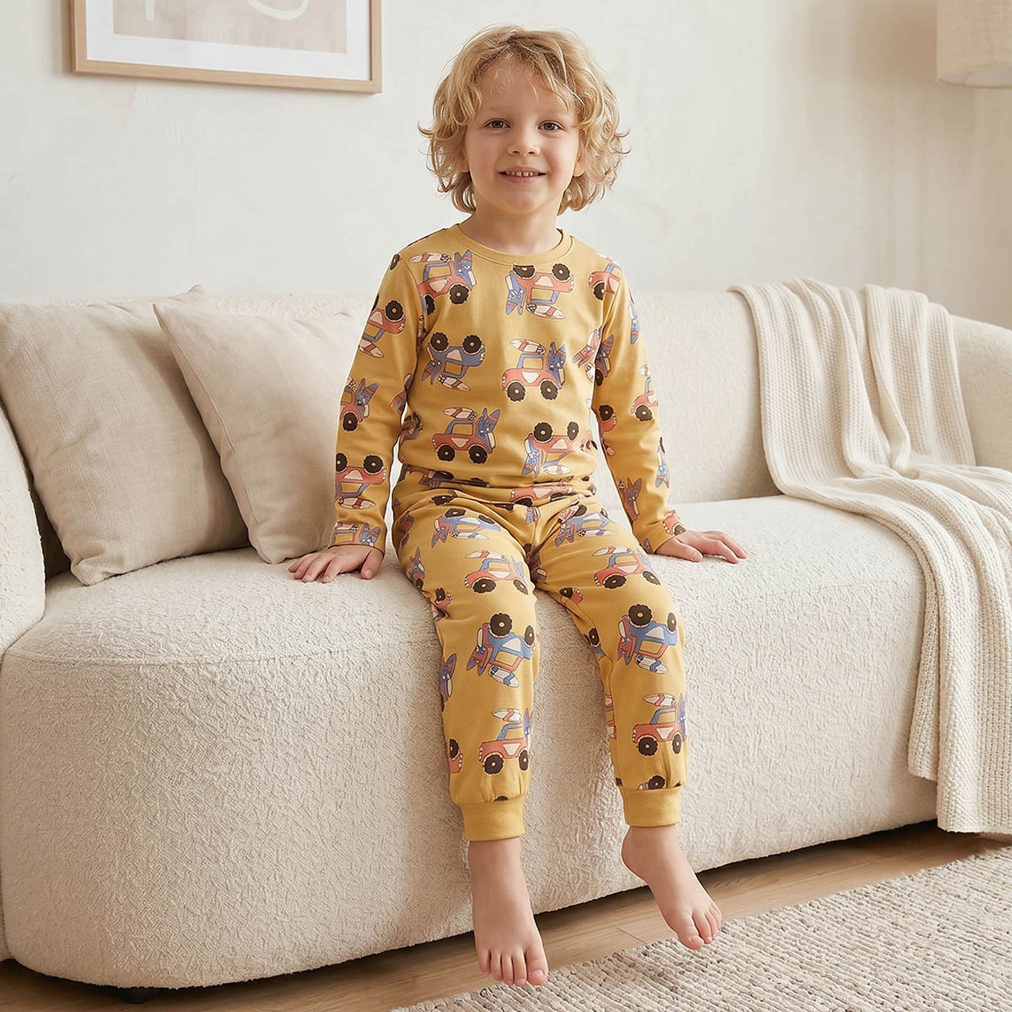 Juniors Cotton Round Neck Long Sleeves Pyjama Set with Vehicle Print