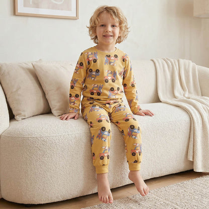 Juniors Cotton Round Neck Long Sleeves Pyjama Set with Vehicle Print