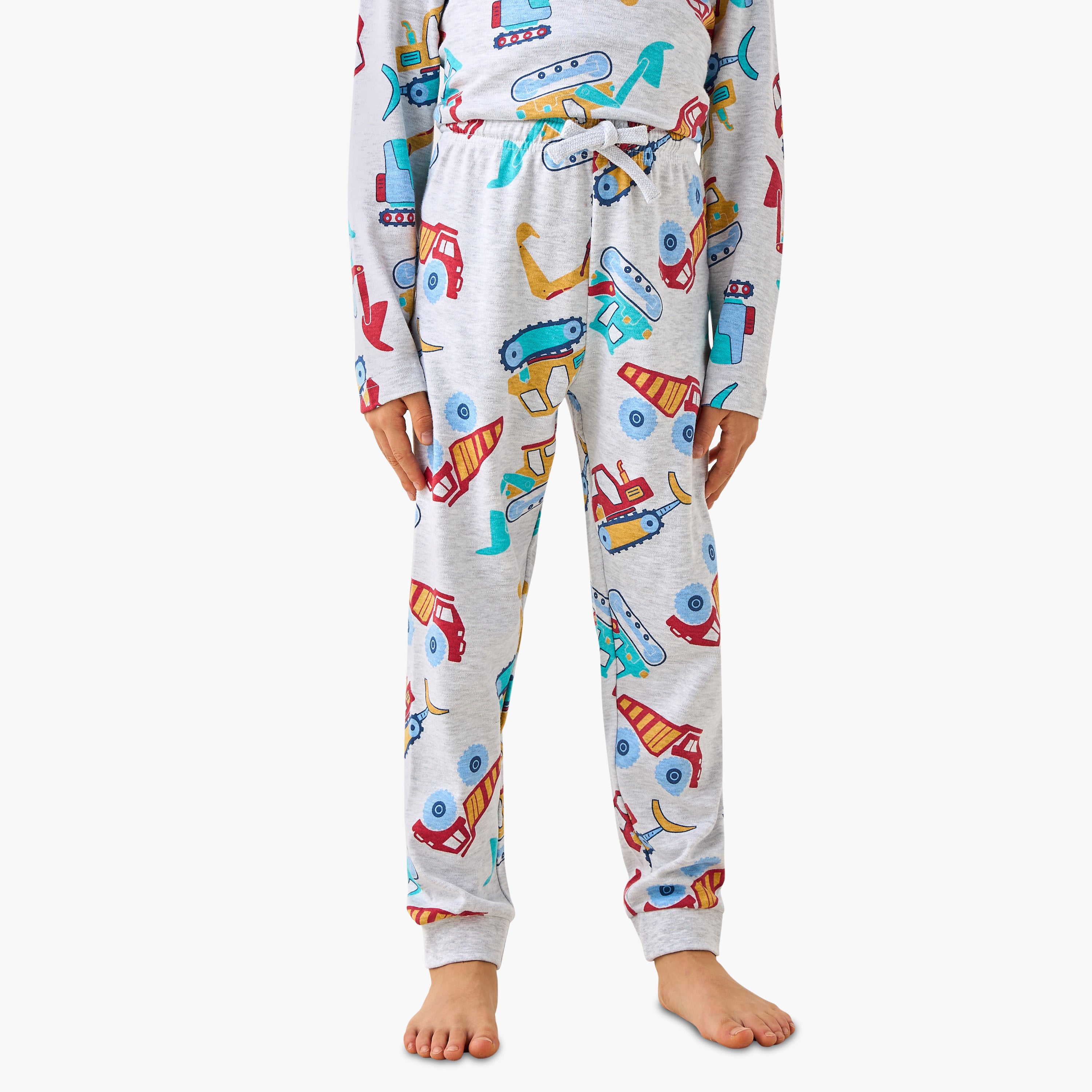 Juniors Cotton Crew Neck Long Sleeves Pyjama Set with Dinosaur Print