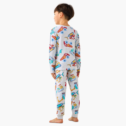 Juniors Cotton Crew Neck Long Sleeves Pyjama Set with Dinosaur Print