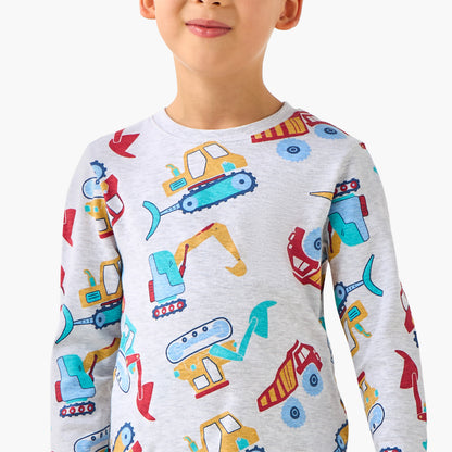 Juniors Cotton Crew Neck Long Sleeves Pyjama Set with Dinosaur Print