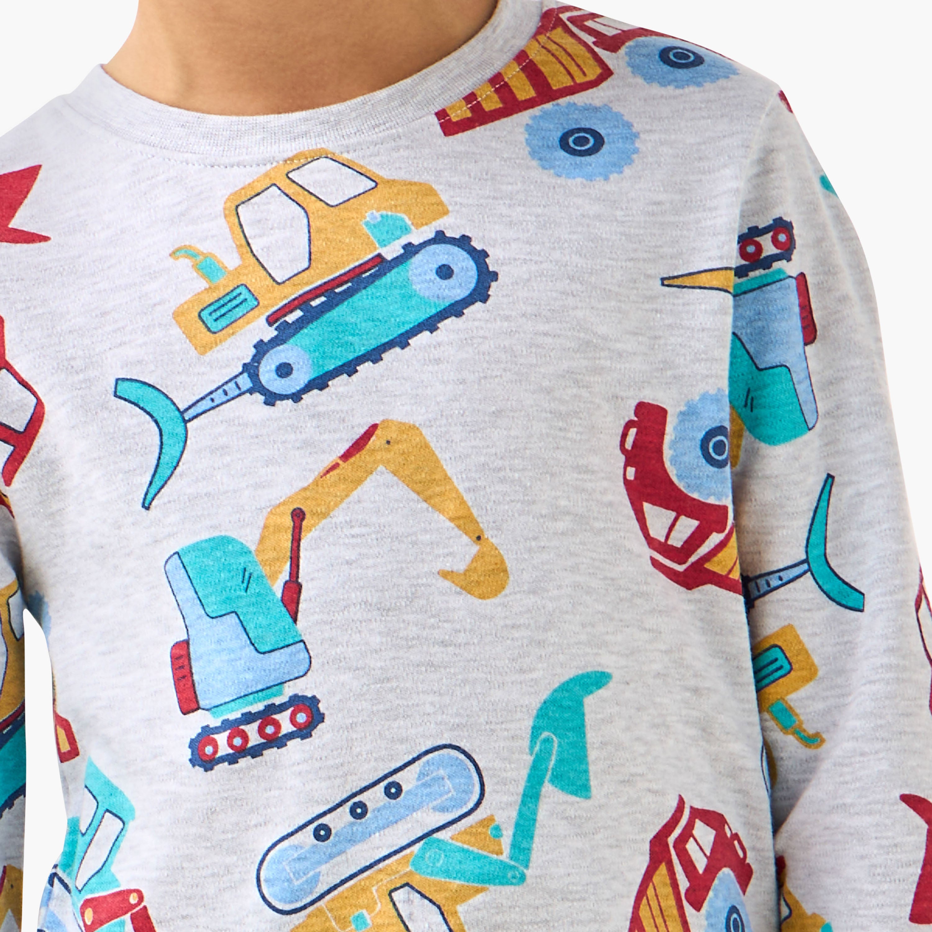 Juniors Cotton Crew Neck Long Sleeves Pyjama Set with Dinosaur Print