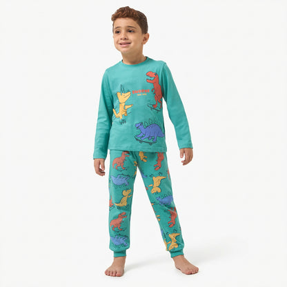 Juniors Cotton Crew Neck Long Sleeves Pyjama Set with Wild Animal Print